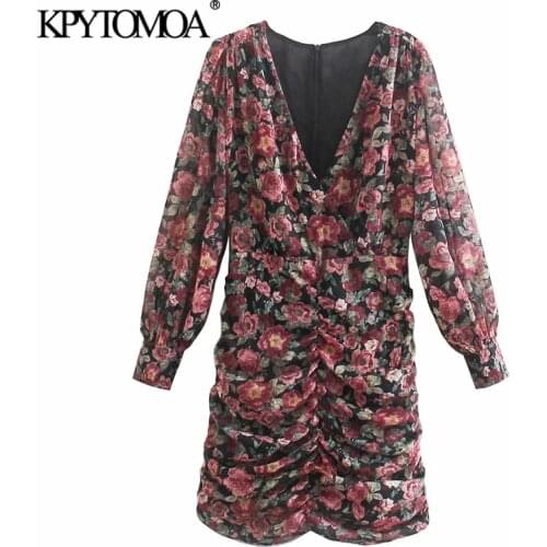 KPYTOMOA Women 2021 Chic Fashion Floral Print Pleated Mini Dress Vintage Long Sleeve Back Zipper Female Dresses Vestidos Mujer