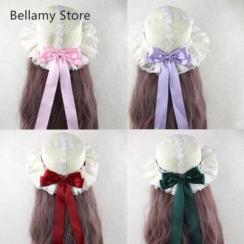 Lace bow Lolita small fresh forest style rural soft girl dress Japanese beach straw hat multi color