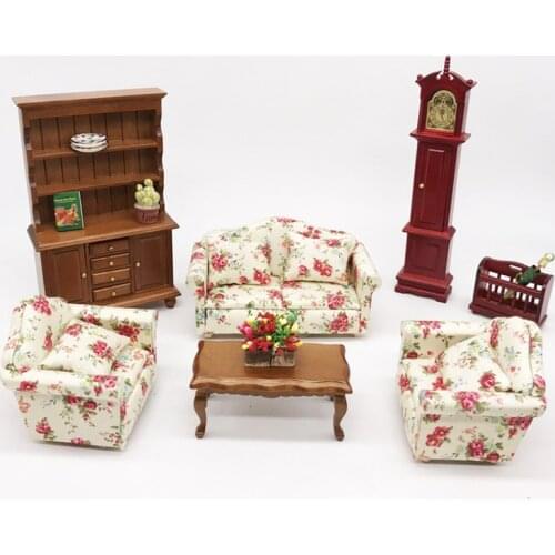 1:12 Dollhouse Miniature Living Room Dolls Furniture Sofa Set Couch model Floral Style Kids Pretend Play Toy