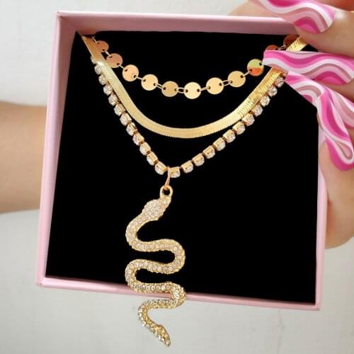 Multi-layer Golden Crystal Snake Chain Necklace For Women Hip Hop Shiny Tennis Chain Necklaces Trendy Rhinestone Jewelry Gifts