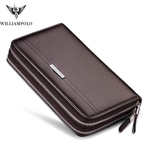 WILLIAMPOLO Leather Vintage Solid Clutch Bag Phone and Card Brand Mens Wallet Double Zipper Genuine Leather Handy Purse