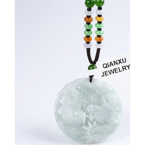 QIANXU Jade Jadeite Dragon and Phoenix Necklace Pendant Hand Carved Lucky Mens and Womens Jewelry