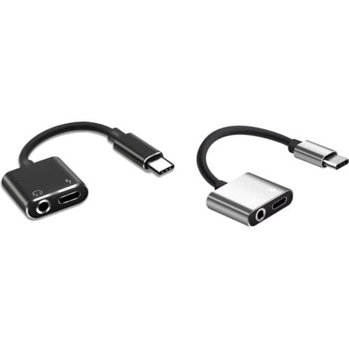Retail 2 Pcs 2 In1 Type-C To 3.5Mm Headphone Jack Adaptor/Connector Charger, Earphone Aux Audio & Charge Adaptor Black & Silver