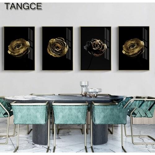 Golden Rose Flower Canvas Modern Poster Nordic Black Fashion Print Wall Art Painting Decoration Picture for Living Room Bedroom