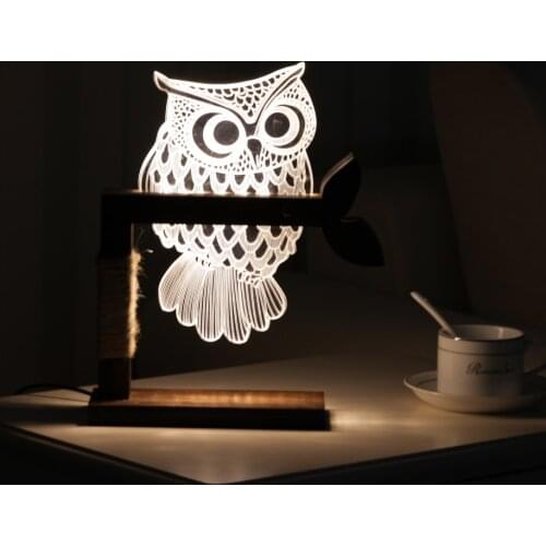 Creative 3D Owl Desk Lamp Bedroom LED Night Light Wood Acrylic Panel Warm White Dimmable Decor Lighting USB Cable US or EU Plug