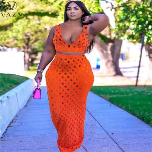 VAZN 2021 Hole Out Lady Sleeveless V-neck Womens Clothing Shinny Special Design 2PCs Set Beach Clothing Ladies Women Suits