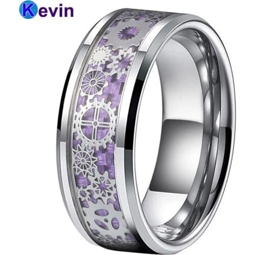 Tungsten Wedding Ring for Men Women 8MM With Mechanical Gear Wheel Purple Carbon Fiber Inlay Beveled Edges Comfort Fit
