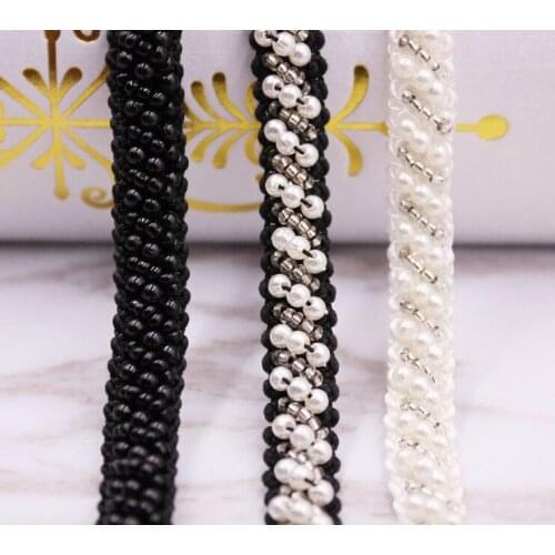 Pearl glass beads handmade stitch rayon woven lace 1cm clothes collar bridal party dress decoration trim ribbon tape DIY zakka