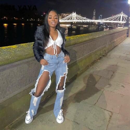 CM.YAYA Women Pants Hole Denim Long Loose Pants