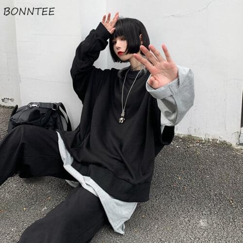 Women Hoodies O-neck Solid Irregular High Street Harajuku Cool Girl Designer Boyfriend Hip Hop Chic Fashion Pullover Females New