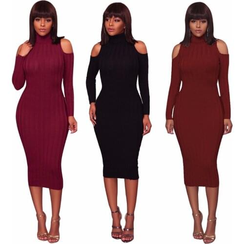 Women Sexy dress 2019 Autumn Knitted vestidos Turtleneck Solid color Long Sleeve Dresses Plus size Clothes