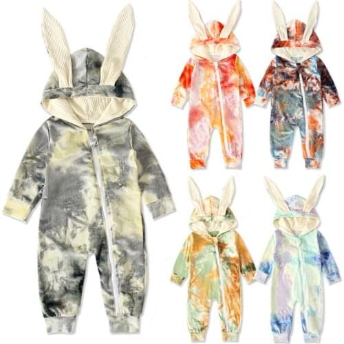 2021 Spring Easter Baby Bunny Onesies Velour Newborn Infant Baby Boys Girls Rompers Tie Dye Fashion Babywear 5 Colours
