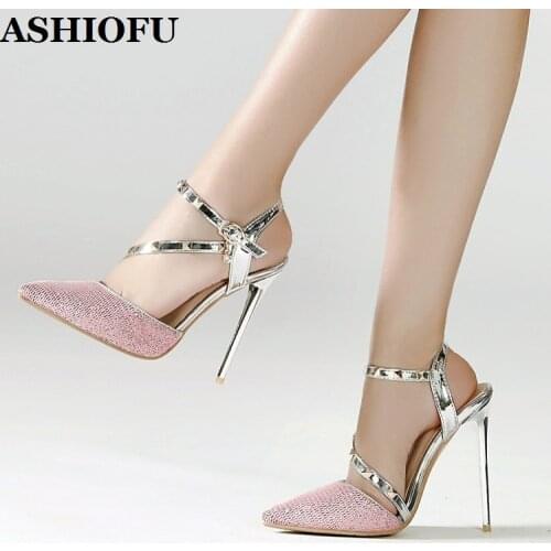 ASHIOFU New Simple Ladies Super Heels Sandals Patchwork Leather Slingback Party Prom Summer Shoes Large Size Fashion Sandals