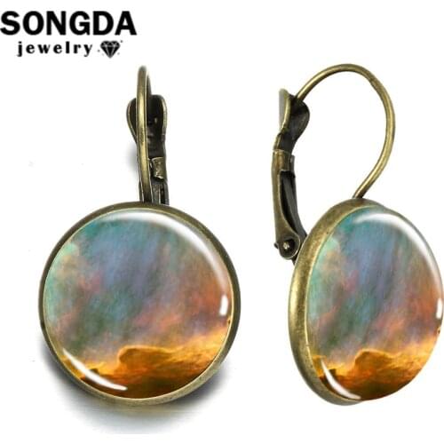SONGDA Brand Galaxy Outer Space Star Earrings Fashion Harajuku Nebula Printed Glass Cabochon French Hook Earrings Party Jewelry