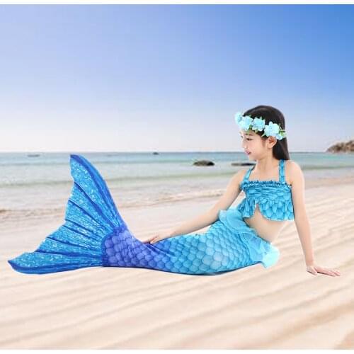 Child Mermaid Tail Costume Kids Swimwear Bikini Three-Piece Swimsuit Can Add Monofin for Swimming Beach Children Clothing C40A45