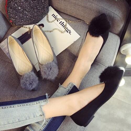 Fluffy Pompom espadrilles size 41-43 loafers flats woman suede leather fur ball pointed black shoes women ladies roll-up sapatos