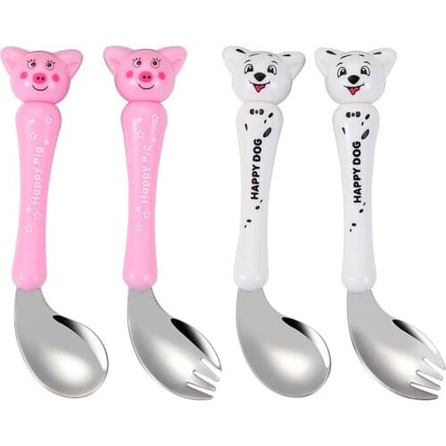 Cartoon Baby Spoon and Fork Set 304 Stainless Steel Curved Spoon Baby Eat Learning Tableware kids spoon fork set baby spoons