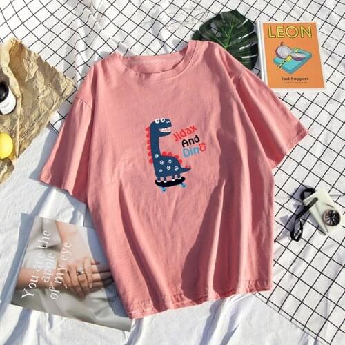 100% cotton Harajuku dinosaur print mens T-shirt Japan style Hip Hop All-match clothes Youthful vitality loose new Streetwear