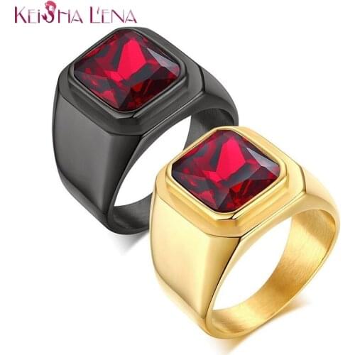 Anel Big Stone Ring for Men Black Gold Tone Stainless Steel Big Red Zircon Chunky Male Alliance Punk Jewelry bague Drop Shipping