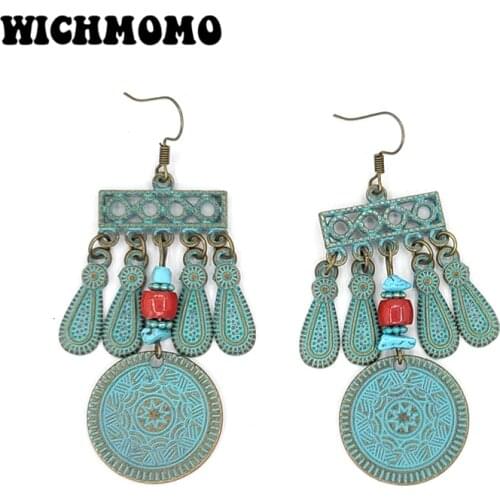 New Fashion 21*73mm Retro Zinc Alloy Green Plated Geometric Ethnic Earrings for Womens Fashion Jewelry Gifts Date and Party