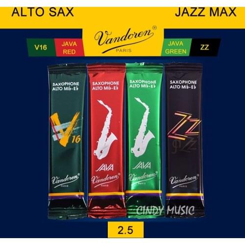 Original Vandoren SRMIXA3 Alto Sax Jazz Reed Mix Card includes 1 each ZZ, V16, JAVA Green and JAVA Red Strength 2.5