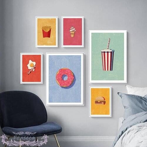 Fast Food Poster Egg Fries Hot Dog Burger Donut Cola Drinks Canvas Painting Wall Art Prints Pictures Restaurant Kitchen Decor