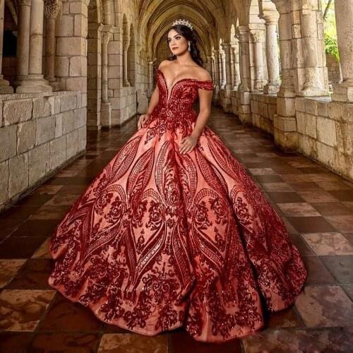 Luxury Off Shoulder Red Sequins Quinceanera Dresses Lace Applique Girls Princess Ball Gown Pageant Gowns Formal prom Dress
