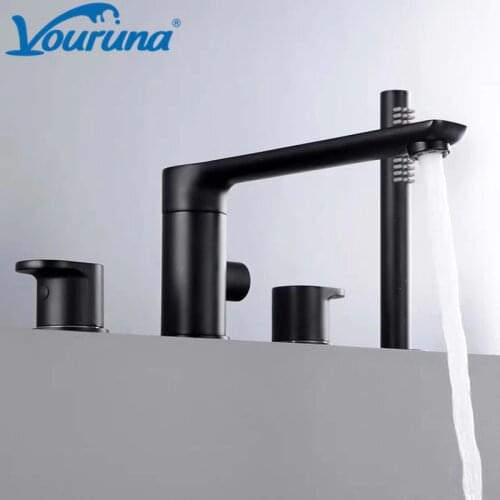 VOURUNA Round Black Deck Mounted Roman Tub Filler Trim with Hand Shower Brushed Golden Bathtub Faucet Mixer Tap Chrome