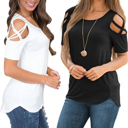 Summer Sexy Shoulder Cross Cutout Women T-shirt Casual Irregular Hem O-Neck Short-Sleeved Tops White Black Red Slim Ladies Tees