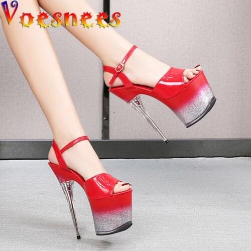 Voesnees Bling Sandals Women 2021 New Sexy Thin Heels Patent Leather Female Shoes Platform High Heels 17cm Ladies Wedding Shoes