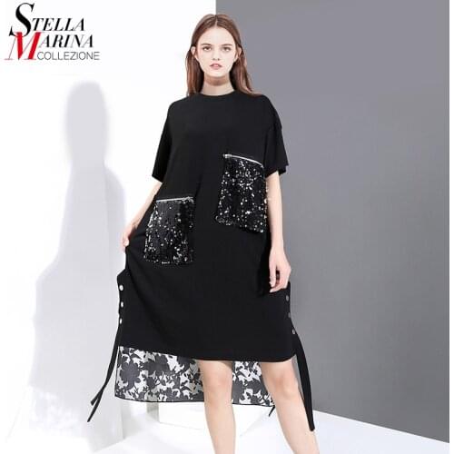 Japanese Style Plus Size Woman Summer Black Straight Dress Tapes Pocket Sequined Pockets Lace Back Midi Harajuku Dress Robe 6148
