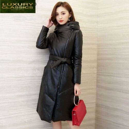 Female Natural Sheepskin Coat Genuine Leather Jacket Long Women Winter Down Parka Hooded Real Leather Jackets LWL1259