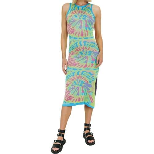 Women Summer Autumn Knit Dress Sleeveless Print Color Block Round Neck Slit Sexy Boho Party Club Dress Robe Casual Streetwear