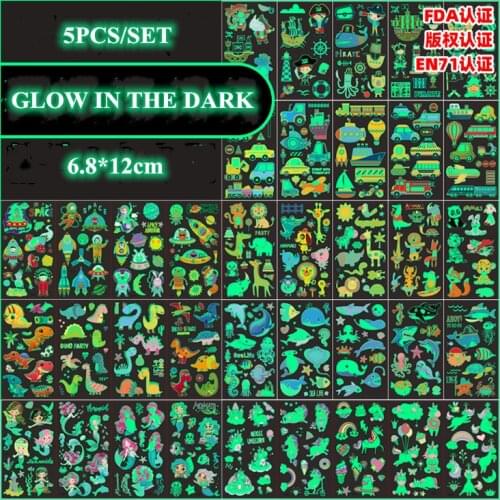 5pcs Tatuajes Temporales Unicorn Mermaid Pirate Glow In The Dark Kinder Fake Temporary Tattoos Stickers for Kids Pegatinas Ninos