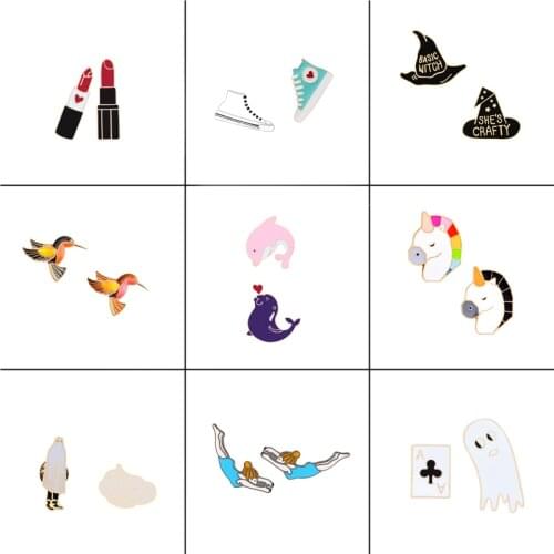 9 style 2pc/set Animal Bird Dolphin Horse Fashion Metal Pins Lipstick Shoes Hat Funny A Brooch Jewelry Sweater Badge Women Gift