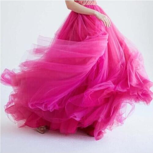 Fuchsia Puffy Long Tulle Skirts Women Zipper Style Female Tutu Skirt For Adult Photoshoots Custom Made Any Color Saias Free