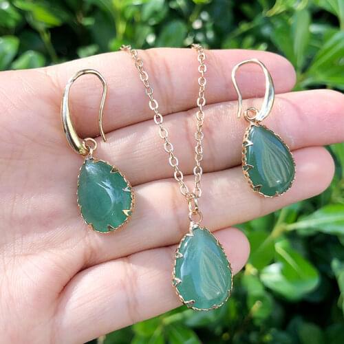 SAY HELLO Green Aventurines Stone Teardrop Dangle Earrings Chain Necklace Pendant Set for Women Handmade Jewelry Set K7050
