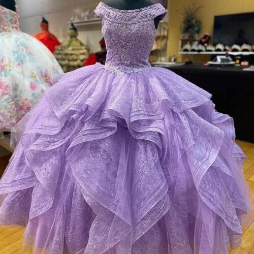Lavender Lace vestidos de 15 años 2020 Puffy Quinceanera Dress Off-the-Shoulder Ruffled Sweet 16 Dress Long Prom Gowns Lace-Up