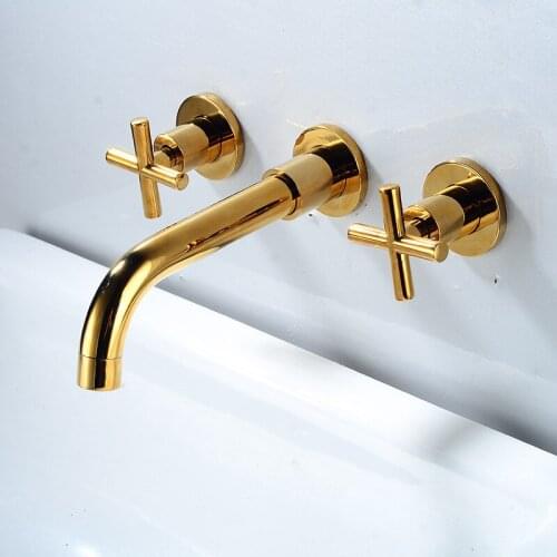 Copper Basin Double Cross Handle Faucet Wall Mounted Bathroom Sink Faucet Hot Cold Hidden Tap In-Wall Concealed Faucet Kitchen