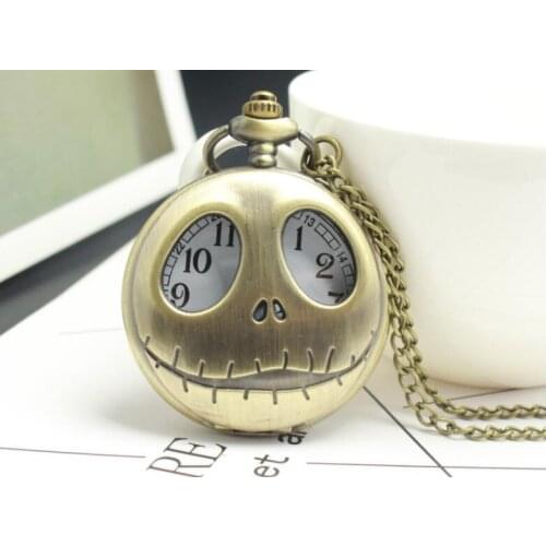 Tim Burton The Nightmare Before Christmas Quartz Pocket Watch Jack Skellington Bronze Pendant Necklace Flip Clock for Men Women