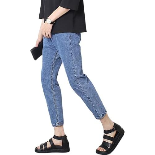 Mens solid color harem jeans 2020 summer Japanese casual pants feet Hong Kong style ankle length pants blue simple male jeans