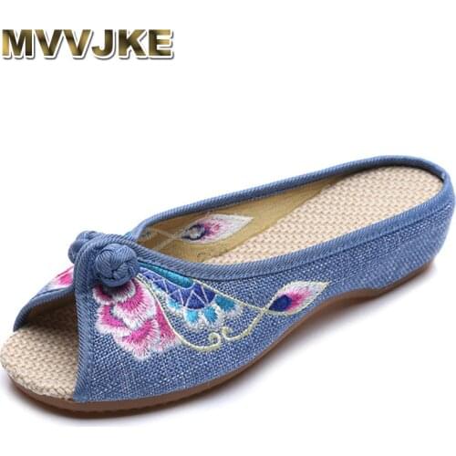 MVVJKE Embroidered Women Slippers Summer New Linen Chinese Canvas Old BeiJing Flowers Sandals Soft Shoes Size 35-41E221