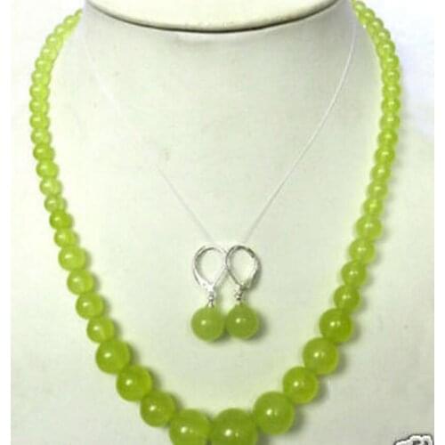 New hot New 6-14mm Peridot Round Beads Gems tone Necklace + Earrings 18"