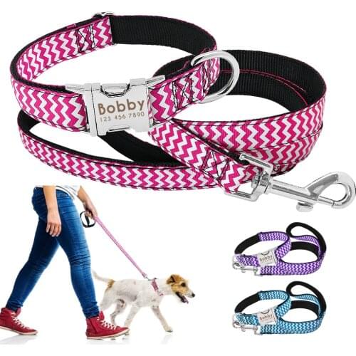 Custom Nylon Dog Collar Personalized Printed Nameplate Collar Leash Set Engraved Pet Tag Collar Adjustable For Medium Large Dogs