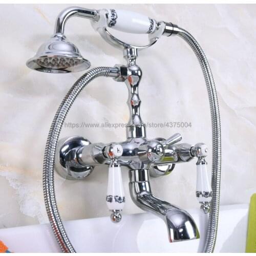 Polished Chrome Wall Mount Bathtub Bathroom Faucet Telephone Style Mixer Faucet Tap with Dual Handle Handshower Nna204