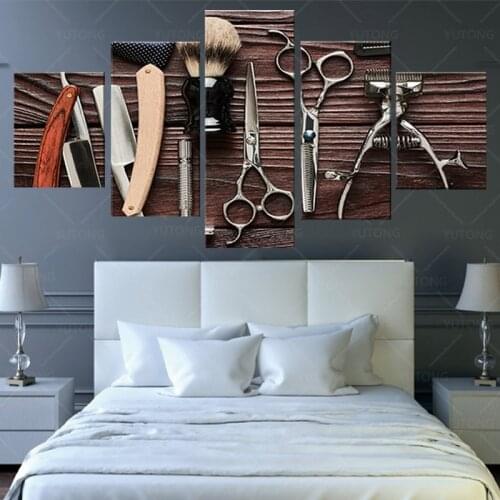 Modern Hairdresser Barber Tools Patterned 5 Panels Canvas Poster Panting Pictures Hair Shop Decor Wall Art Hanging Painting