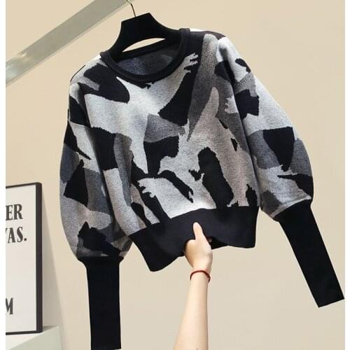 Short Sweater Ladies Lantern Sleeve Patched-Color Womens Sweaters New Winter Knitted Thick Sweaters Jumper Femme Outwears