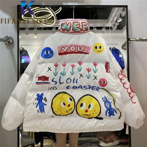 Short Parka Women 2021 Winter Jacket Fashion Graffiti Print Down Jackets High Quality Loose Thick Warm Casual Cotton Coat Female