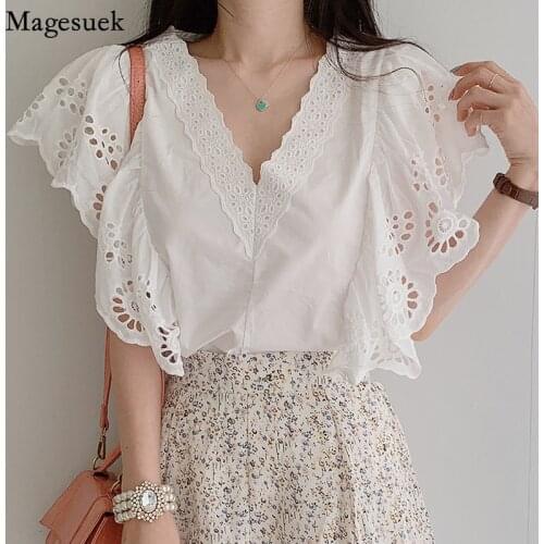 Chic Crochet Lace Hollow Shirt Summer Elegant Korean Deep V Neck Women Tops New Embroidery Ruffled Short Sleeve Blouse 13890