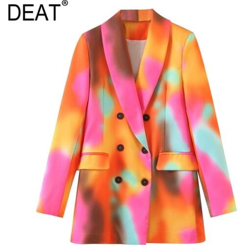 [DEAT] Women Tie-dye Hit Color Double Breasted Blazer New Lapel Long Sleeve Loose Jacket Fashion Tide Spring Autumn 2021 13T513